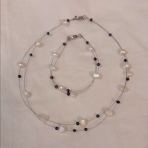 Real Pearl & Amethyst Bead Necklace and Bracelet Set Double Strand/Silver Tone